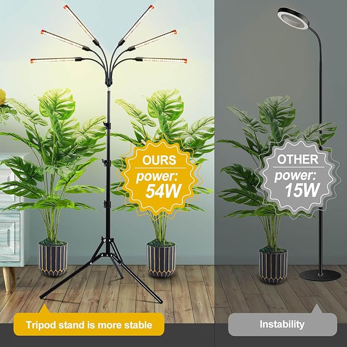 JINHONGTO 54 Watt Grow Lights for Indoor Plants with Stand, Standing Tall Plant Light with 4,8,12 Hr Timer, Full Spectrum Bonsai Tree Grow Light, 24"-64" Adjustable Tripod Stand Plant Growing Lamps