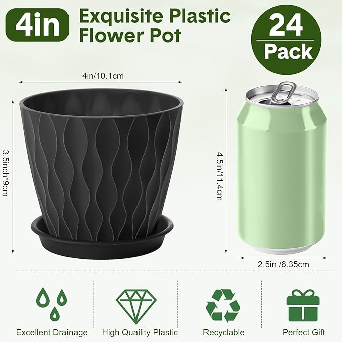 Acellegic 24 Pack 4 Inch Small Pots for Succulents, Waffle Texture Pots with Tray, Plastic Planter with Drainage Holes and Saucers, for Indoor Outdoor Plants Flowers, Seedlings (Black)