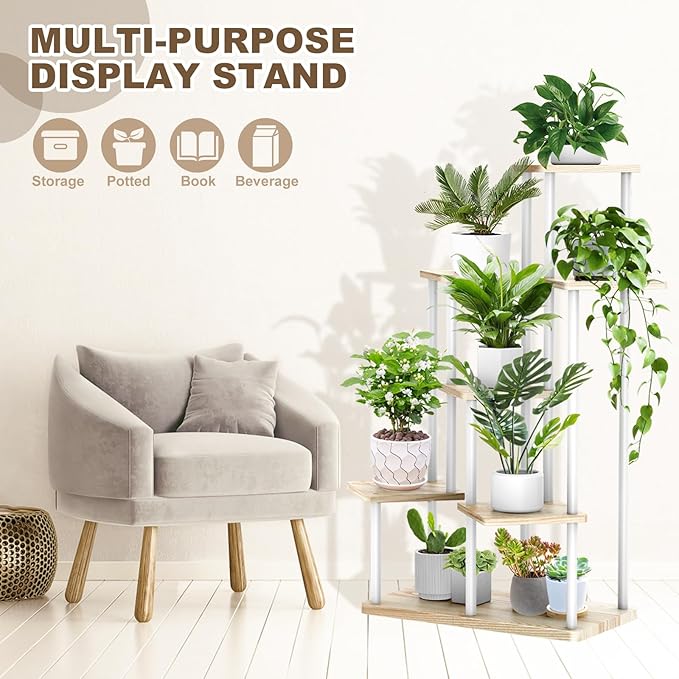 YOCOMEY 7 Tier Wood Tall Plant Stand Metal Rack Indoor, Multiple Flower Pot Holder Shelves Corner Rack, Planter Shelf Display Rack Storage Organizer for Patio Living Room Balcony Garden(White Oak)