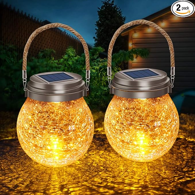 DBF Solar Lanterns Outdoor 2 Pack - Waterproof IP65 Hanging Solar Lights with Warm Amber & RGB Colors, Crackle Glass LED Ball Lights Globes Garden Decorative for Patio Tree Backyard Pathway Railing