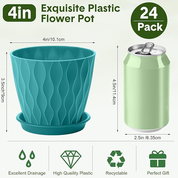 Acellegic 24 Pack 4 Inch Small Pots for Succulents, Waffle Texture Pots with Tray, Plastic Planter with Drainage Holes and Saucers, for Indoor Outdoor Plants Flowers, Seedlings (Lake Green)
