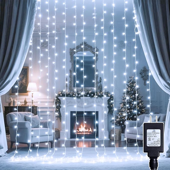 200 LED Curtain String Lights 9.8 * 6.6FT Plug in Fairy with Timer and 8 Modes, Waterproof Window Wall Lights for Bedroom Wedding Party Indoor Outdoor Christmas Decor