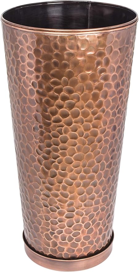 H Potter Tall Copper Planter Indoor Outdoor – 28” Antique Copper Hammered Metal Garden Planter with Insert & Drainage, Includes Drip Tray – Large Decorative Floor Planter for Entryway, Porch, Patio