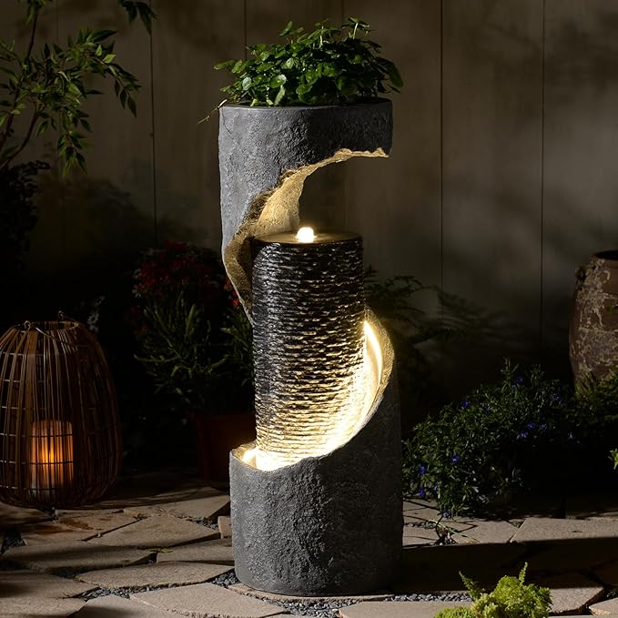 35.4" H Water Fountain Outdoor Water Feature Indoor,Modern Spiral Water Fall Fountains for Outside for Garden, Patio, Deck, Yard, Porch, Office with Lights Home Art Decor