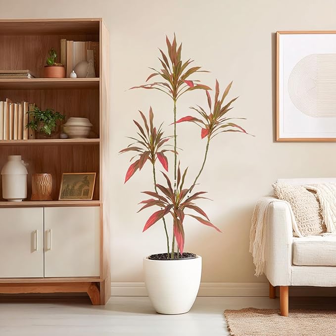 Artificial Cordyline Plant, Indoor Potted Plant, 4 Stems with Black Planter, Suitable for large indoor living room decorations, potted plants, and window display scenes (Red-5.3ft)