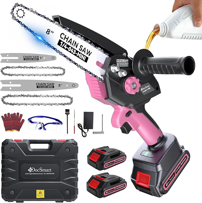 Mini Chainsaw Cordless, 8 inch & 6 inch Electric Chain Saw with 2 Pack Rechargeable Batteries, Battery Powered Handheld Saw Men Gifts for Trees Branches Trimming Wood Cutting, Pink