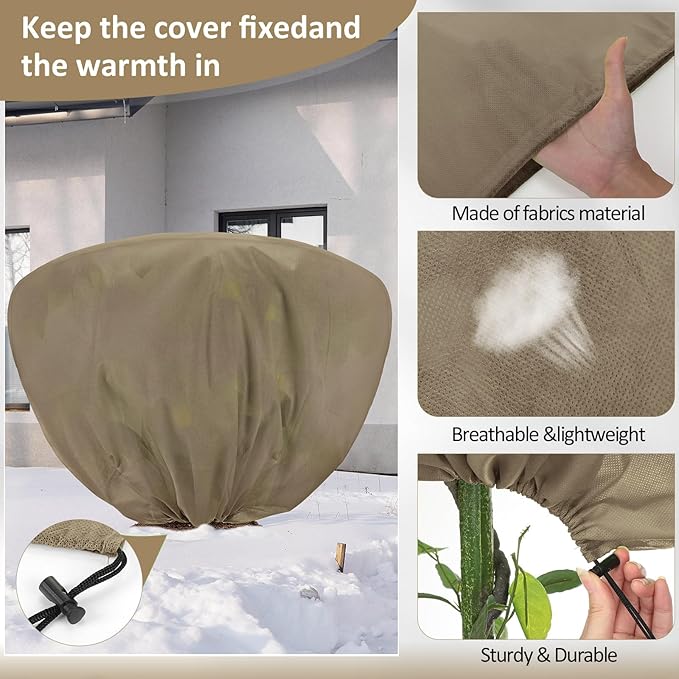Wesnoy 12 Pcs Winter Plant Covers Freeze Protection 39.4x23.6 Inch Horizontal Shrub Tree Rose Plant Protection Bags Frost Blanket with Drawstring for Fall Winter Outdoor Garden Planting (Brown)