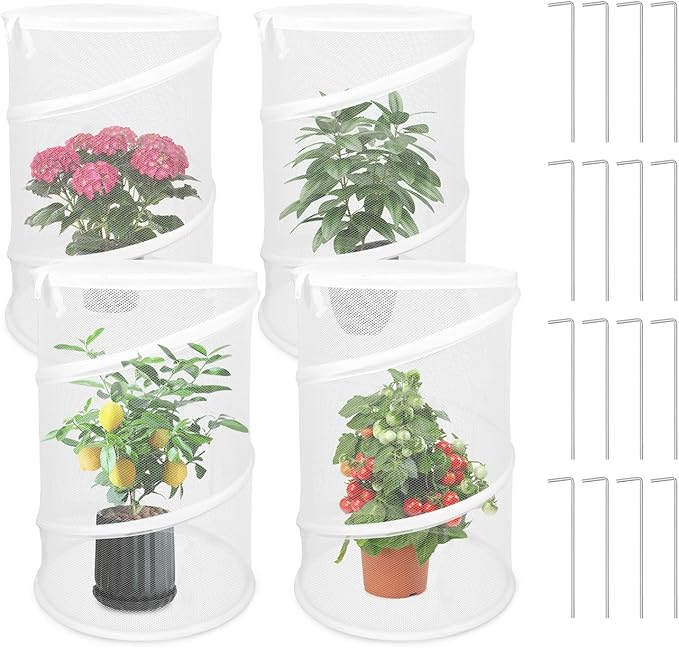 Zofylux 4 Pcs Pop Up Plant Cover Net,19”x 14”Round Foldable Plant Covers,Garden Plant Protectors with 16 Pcs Ground Stakes,Garden Mesh Covers for Outdoor and Indoor Plants
