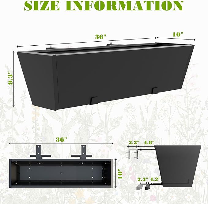 Railing Planter Box Metal Hanging Planter for Outdoor Balcony Heavy-Duty Window Planter Box with Adjustable Brackets 2PCS