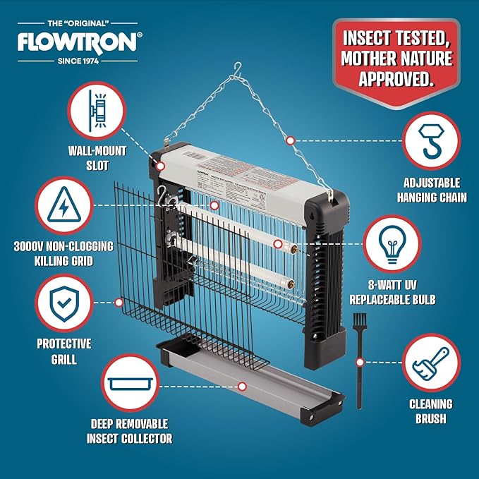 Flowtron Indoor Bug Zapper: 3000V Electric Insect Killer & Mosquito Trap - 500 Sq Ft Coverage - 16W Dual UV Light Fly Zapper for Kitchen, Bedroom, RV & Restaurant - Safe Gnat & Moth Killer