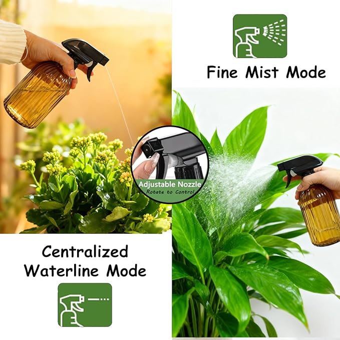 Glass Plant Mister Bottle, 13.5oz Refillable Water Spray Bottle with Adjustable Mist Nozzle for Indoor Flowers, Outdoor Gardening, Cleaning, Hair and Pets Care (Brown)