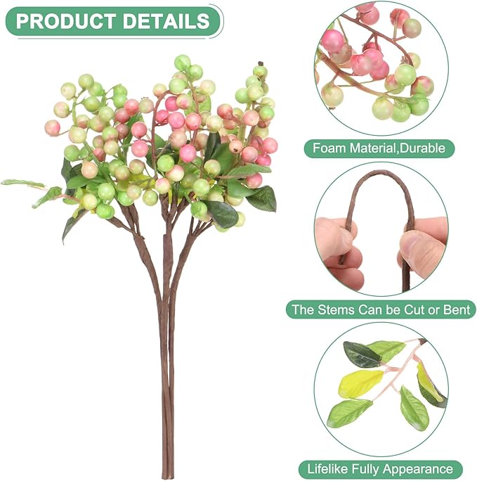 3-Pack Artificial Berry, 9.8 Inch Faux Holly Berry Foam Faux Frosted Berries with Stems for Home/Wedding/Christmas/DIY/Party/Garden/Office [White Pink]