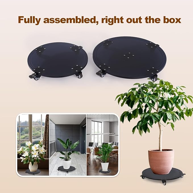 12" Round Shape Black Color Heavy Duty Acrylic Plant Stand with Wheels, Plexiglass Plant Caddy on Wheels - Outdoor Flower Pot Rack on Rollers - Indoor Dolly Holder Rolling Tray Coaster, 1PC