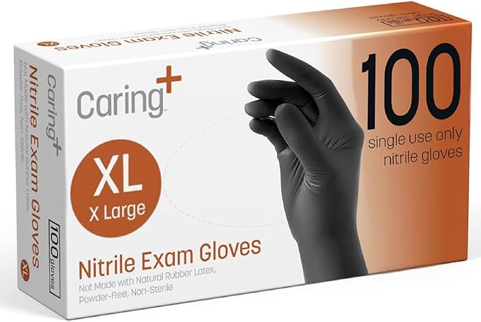 Caring Nitrile Exam Gloves, 100 Count, Powder Free and Without Natural Rubber Latex, Gloves for Cleaning, Food Prep, Black