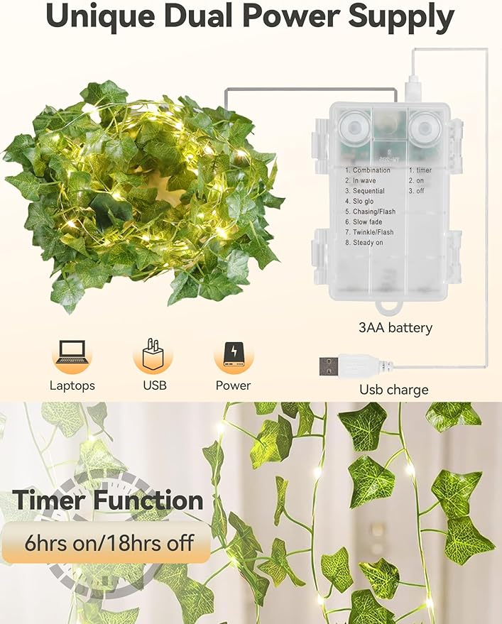 Vines with Fairy Lights,23ft Ivy Twinkle Lights Battery Operated,73 LED Leaf String Lights for Bedroom,Room,Wall,Celling,Curtain,Party,Wedding,Christmas Decor (Warm White)