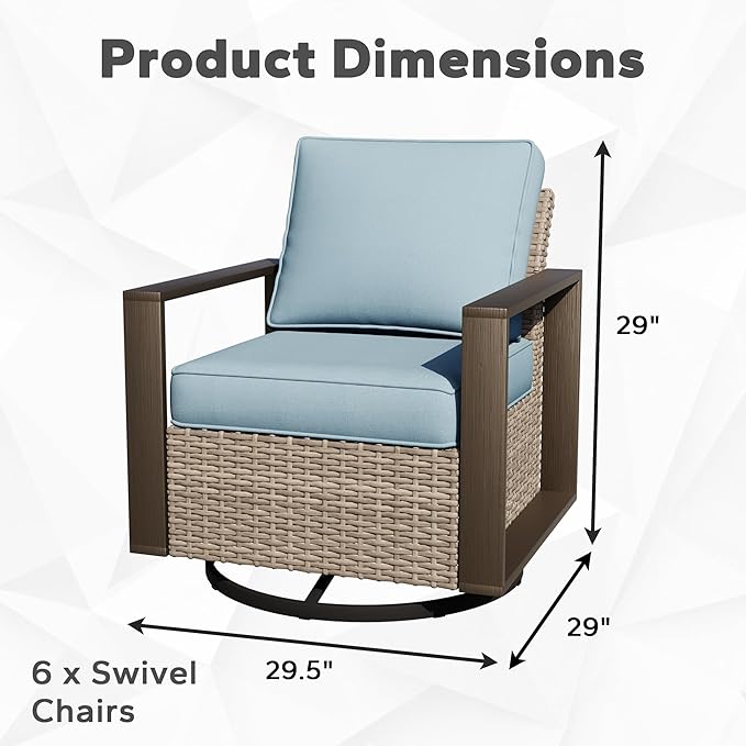 Joyside Outdoor Patio Swivel Rocker Chairs Set, 6 Pieces Wicker Rattan Chairs with Metal Wide Armrest, Thick Cushions and Deep Seating for Garden, Backyard, Porch, Deck