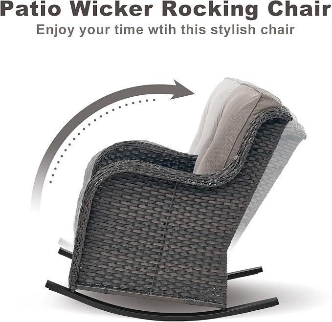 Rilyson Patio Chairs Outdoor Rocking Chair - 3 Piece Wicker Patio Bistro Set Rattan Patio Furniture Rocker Chairs and Side Table for Porch Deck Backyard Garden(Brown/Grey)