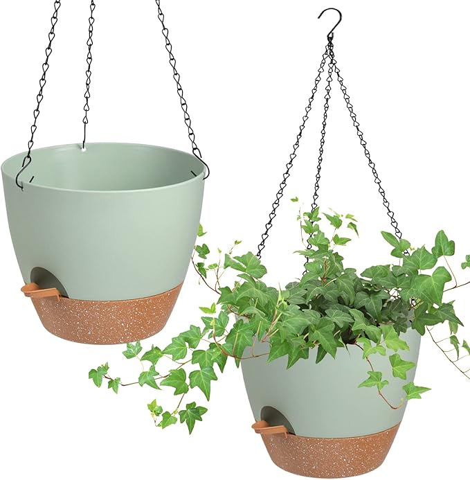 Vanslogreen Hanging Planters for Indoor Outdoor Plants, 2 Pack Self Watering Hanging Pot with Drainage Holes & Removable Tray (Green, 10'')