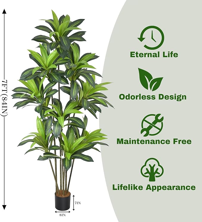Artificial Dracaena Tree 7FT(84in) Tall Fake Plant with Realistic Green Leaves, Faux Floor Potted Artificial Trees for Home Office Living Room Decor Indoor (7feet,1 Pack)