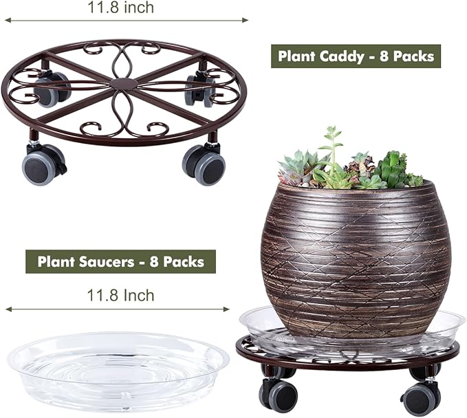 8 Pack Plant Caddy with Wheels Heavy Duty 11.8 Inches Metal Plant Stand with Wheels Plant Dolly Rolling Plant Stand Plant Roller with Casters for Indoor and Outdoor (8, Bronze)