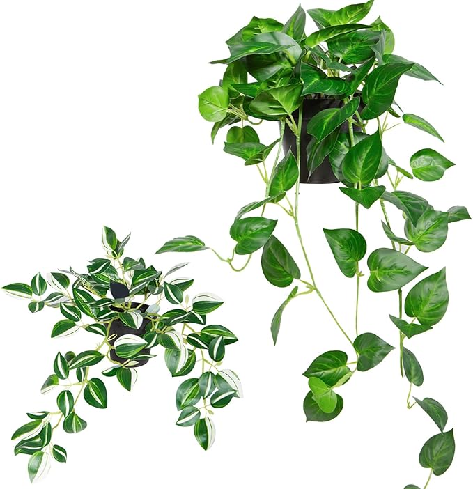 2Pcs Faux Hanging Plant Indoor, Artificial Potted Plants with Plastic Pot, Fake Ivy Plants for Home Decor for Room Office Shelf Tabletop Decoration