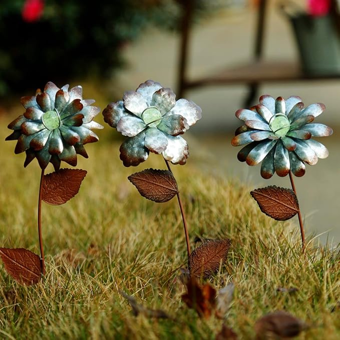 Voltogar 3 PCS Flower Stake Galvanized Metal Decoration for Garden & Outdoor, 13.8" H Glass Globe Glow in Dark Plant Pick Ornament Water-Proof Garden Art for Lawn & Patio