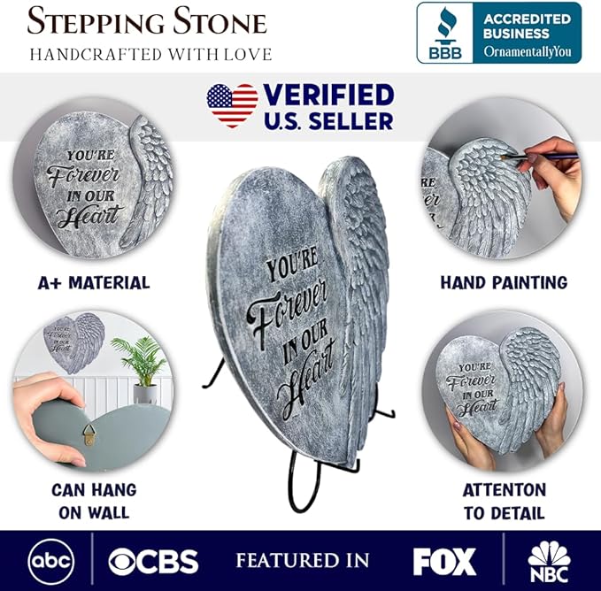 OrnamentallyYou Elegant Resin Stepping Stone, Outdoor Garden Pathway Decoration (You’re Forever in Our Hearts Angel Wing Stepping Stone, 9.5" Garden Decorative Memorial Resin Figurine)
