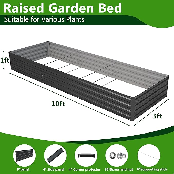 Easllre 2PCS 10x3x1ft Galvanized Raised Garden Bed Kit, Galvanized Planter Raised Garden Boxes Outdoor, Large Metal Raised Garden Beds for Vegetables,Black