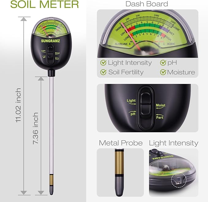 Sungramz Soil Moisture Meter for Plants, 4-in-1 Moisture/pH/Fertility/Sunlight Dial Display, pH Soil Tester for Garden, Lawn, Farm, Indoor & Outdoor Use, No Battery Required, Black