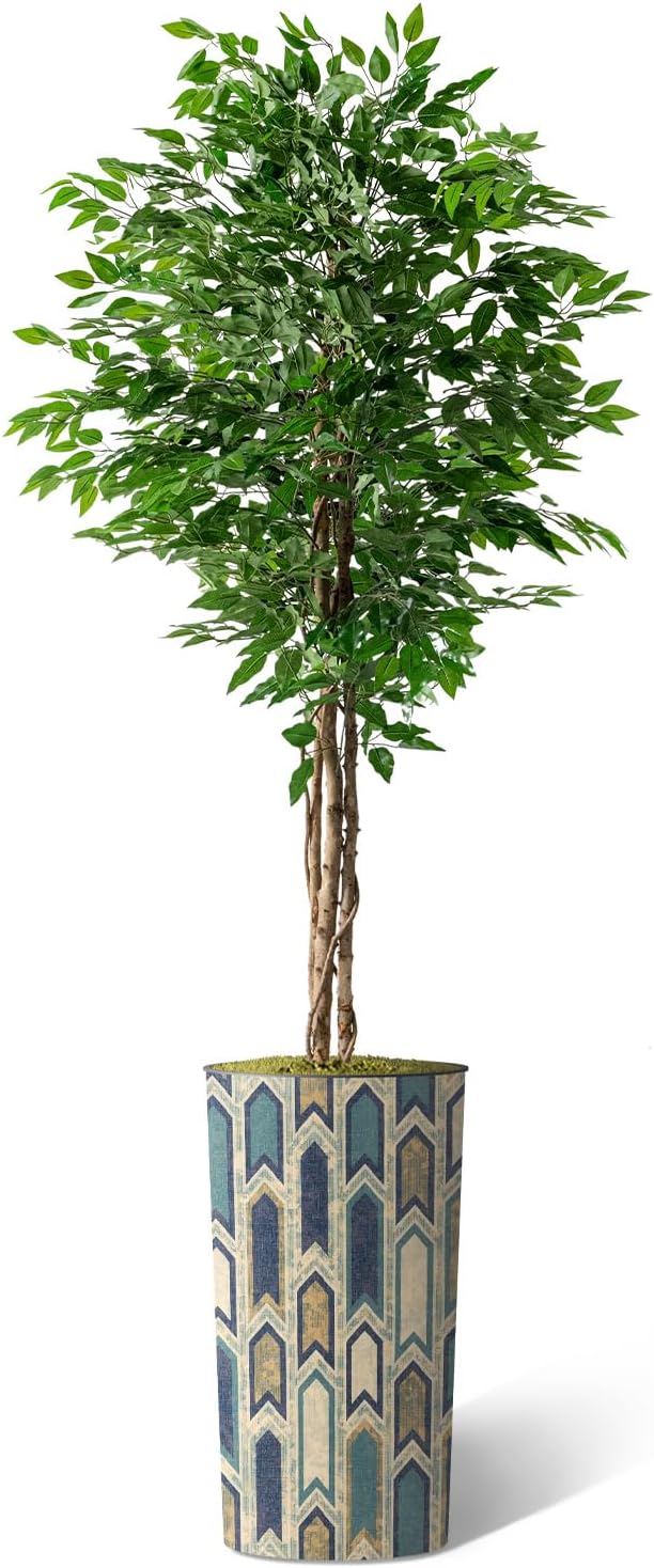 Artificial Tree in Modern Polygon Pattern Effect Planter, Fake Ficus Silk Tree for Indoor and Outdoor Home Decoration - 75" Overall Tall (Plant Pot Plus Tree)