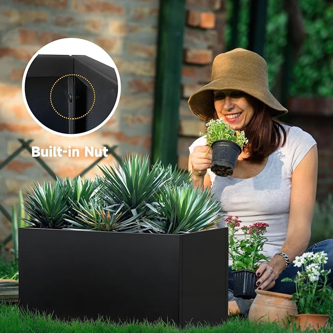 GZLVSOW Steel Planter 36" x 12" x 16" Metal Rectangle Outdoor Planter Black Powder Coated Flower Box Metallic Heavy Pot Indoor & Outdoor, Commercial & Residential (L36 x W12 x D16, Black)