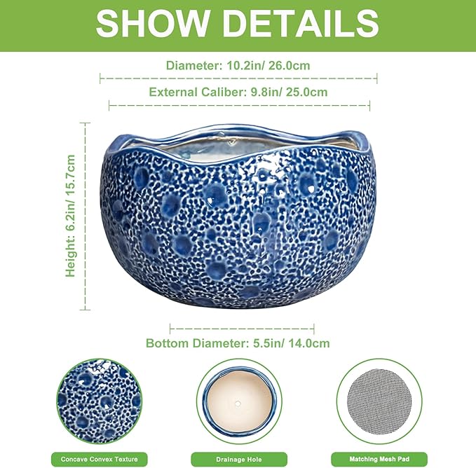 Thirtypot 10 Inch Plant Pot - Ceramic Pots for Plants Indoor Outdoor, Round Bonsai Pots with Drainage Hole, Decorative Flower Pot, Modern Unique Planters, House Decor, Housewarming Gifts, Blue