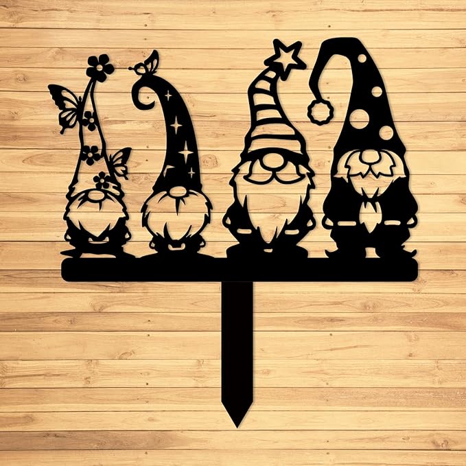 Magilab Personalized Iron Yard Stake - Christmas Cute Gnome Dwarves Decor, 8-Inch Black Metal Garden Sign for Outdoor (Style E)