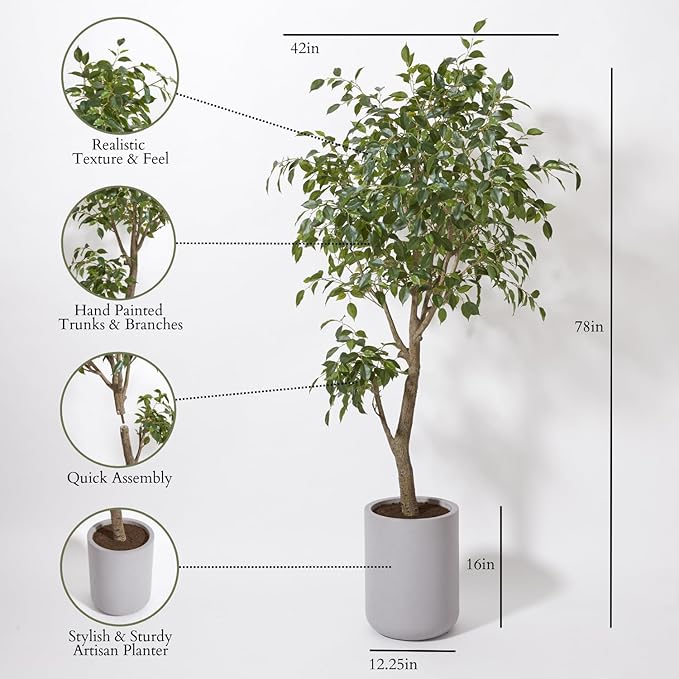 CG Hunter Faux Ficus Tree, Premium Artificial Indoor Plant Stands 6.5’ Tall, Lifelike-Leaves and Hand Painted Trunk Create Realistic Faux-Ficus Tree Appearance, Taupe Planter Pot Included