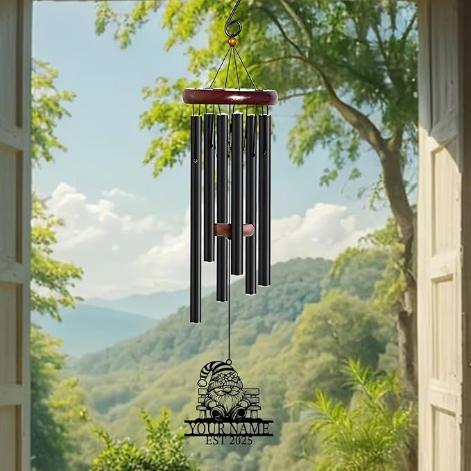 Personalized Customize Name Gnome Wind Chime, Metal Iron 37 Inch Outdoor Memorial Gift for Garden Yard Patio Home Decor, Black，Christmas (Style C)