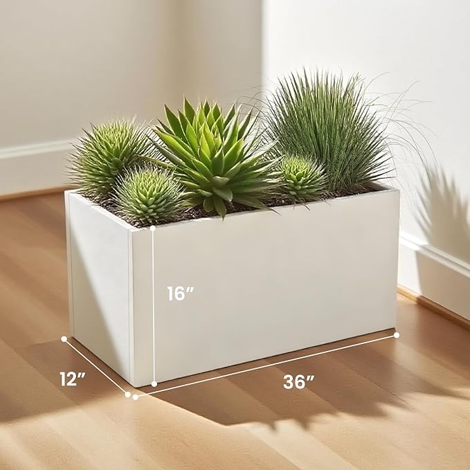 GZLVSOW Galvanized Steel Garden Planter 36” x 12” x 16” White Metal Planter Box Modern Metallic Heavy Planter Indoor & Outdoor, Commercial & Residential (White, L36 x W12 x D16)