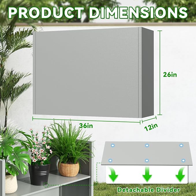 NUWJBYE Tall Metal Planter Box, 36" L x 12" W x 26" H Large Outdoor Planters with Drainage & Adjustable Shelf, Heavy Duty Steel Rectangular Planter for Patio, Balcony, Indoor(Gray)
