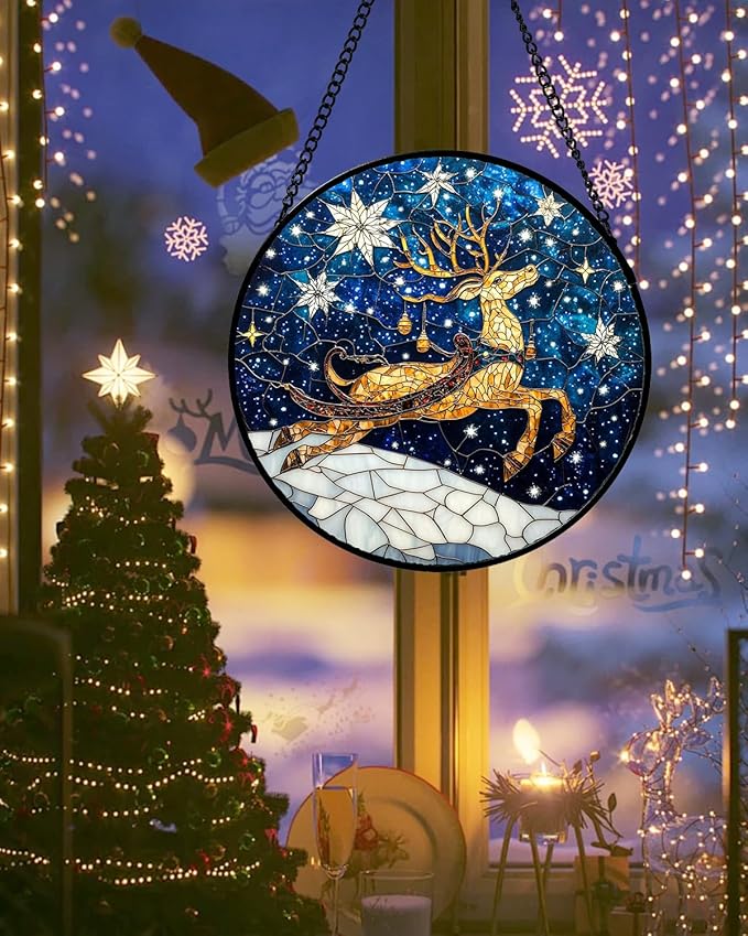 HWRHTR Stained Glass Window Hanging - Reindeer Blue Starry Sky Suncatcher for Doors Home Christmas Decoration Winter Sun Catcher Thanksgiving New Year Birthday Gifts for Women Men Mom Nana 11.8 in