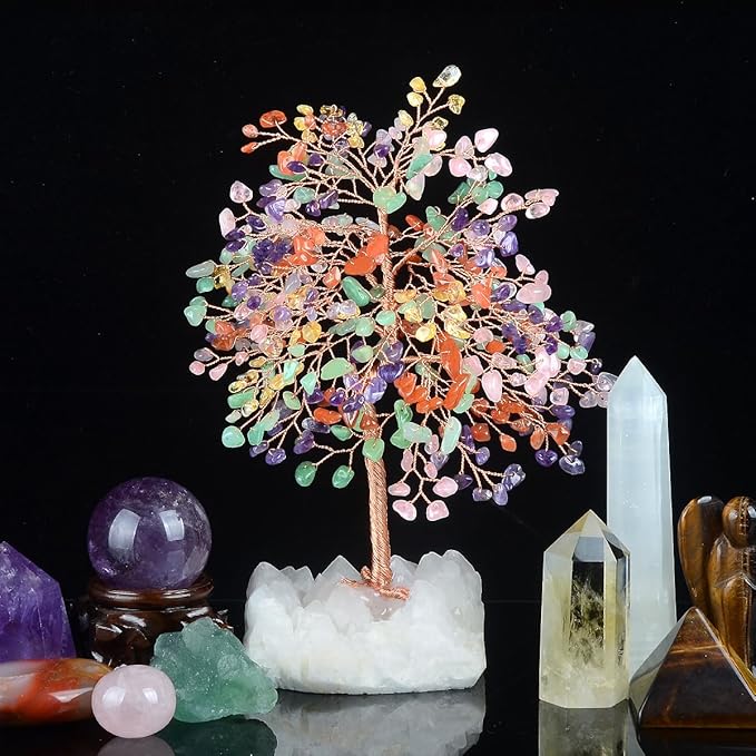 MASGEMES Chakra Crystal Tree of Life Natural Gemstone Healing Crysals(406 Stone Count) with Clear Quartz Base,Fengshui Decor Money Tree,Positive Energy Lucky Gift Height 8.5-9 Inches