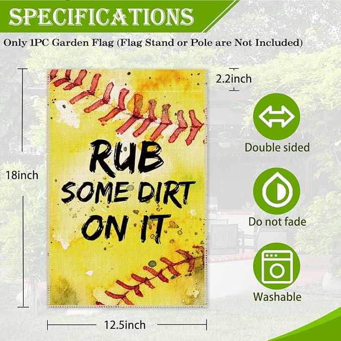Hafhue RUB Some Dirt On It Garden Flag, 12 x 18 Inch Double Sided Farmhouse Holiday Yard Garden Lawn Decoration Flag, Spring Softball Garden Yard Flag, Baseball Flag Gift for Baseball Lover