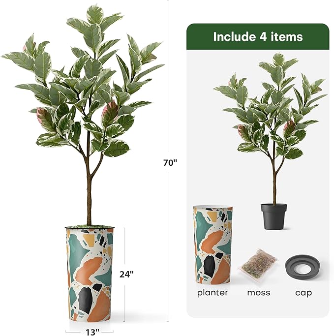 Artificial Tree in Modern Geometric Pattern Planter, Fake Rubber Silk TRE for Indoor and Outdoor Home Decoration - 70" Overall Tall (Plant Pot Plus Tree)