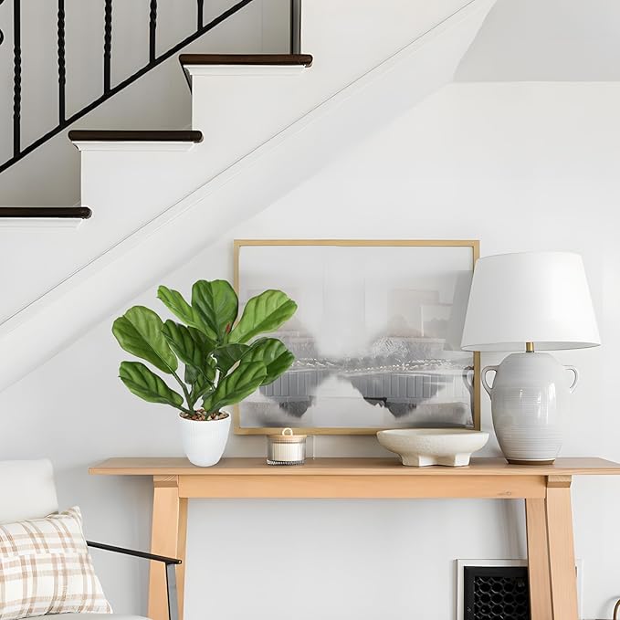 GnFlus Fake Plant Artificial Fiddle Leaf Fig Plant in White Pot for Indoor Outdoor Farmhouse Living Room Shelf Home Office Decor