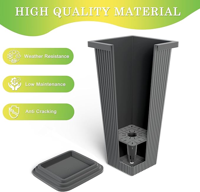TUYOHW Set of 4 24" Tall Plastic Planters with Trays, Large Tapered Plant Pots for Indoor Outdoor Use, Modern Decorative Planters for Porch, Patio, Garden, and Backyard
