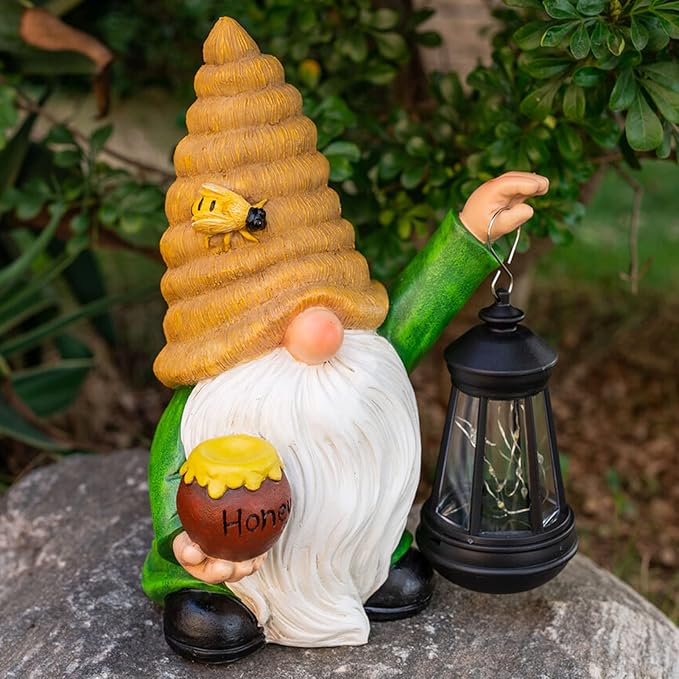 12.3''Solar Garden Gnomes Outdoor Decor Honey Bee jar Gnome Statues with LED Lantern Xmas Patio Lawn Yard Art Decoration Birthday Christmas Gardening Gifts for Mom Dad, Bee Gnome