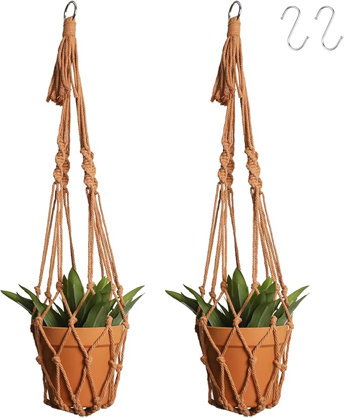 Artilady Macrame Hanging Planter for Indoor Plants, Boho Woven Plant Hanger Large Hanging Flower Pot Holders Outdoor Baskets Storage No Tassels Brown Wall Decor (Latte Brown)