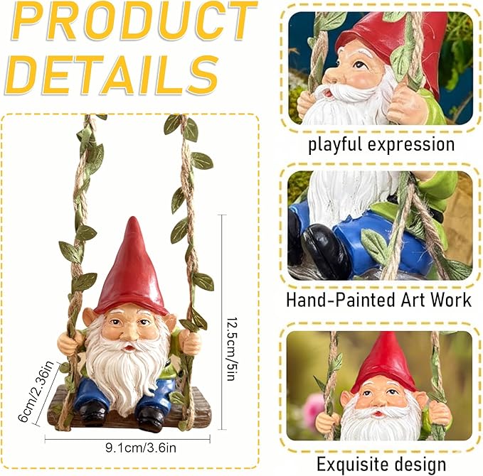 Garden Gnome on Swing Statue Decoration, Funny Resin Dwarf Sculpture for Lawn Patio Climbing Tree Decor Outdoor, Gifts for Mom Women and Man (Gnome-C)