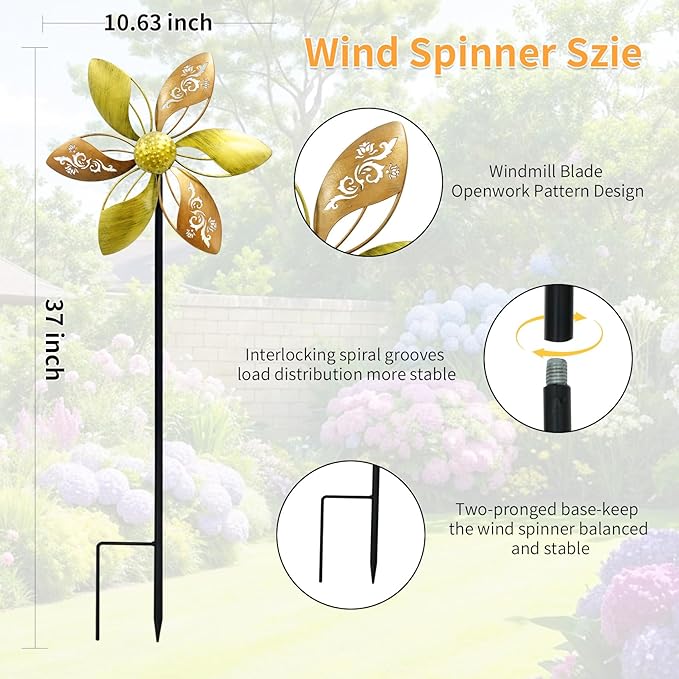 Gronhof Wind Spinners Outdoor Metal, 10.63" W*37" H Pinwheels for Yard and Garden Decor, Kinetic Wind Sculpture Spinner (Gold Ornate Laser-Cut Floral)
