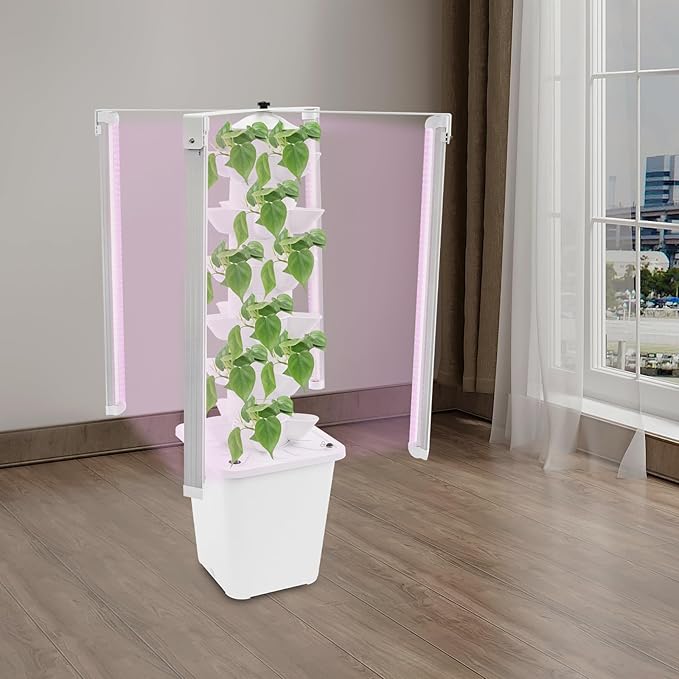 Garden Hydroponic Growing System Vertical Tower 30 Pods, 6 Tier Gardening System with 4 LED Grow Lights, Self-Watering, 2.64Gal Indoor Vertical Garden Planter for Herbs Vegetables (White)