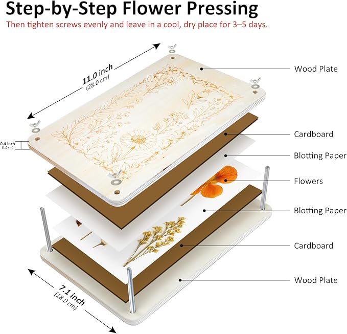 MeRGBWLife Large Flower Press Kit for Adults – 10.8"x6.9" Wooden 6-Layer Flower Press for Pressed Flowers, Herbs & Leaves, DIY Flower Preservation for Bookmarks, Weddings, and Craft Projects