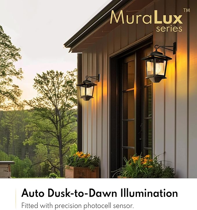 PASAMIC 2 Pack Solar Wall Lanterns with Replaceable Bulb, Outdoor Hanging Solar Lights with 4 Solar Panels, Dusk to Dawn Led Outdoor Wall Sconce, Anti-Rust Waterproof Wall Lanterns with Hooks